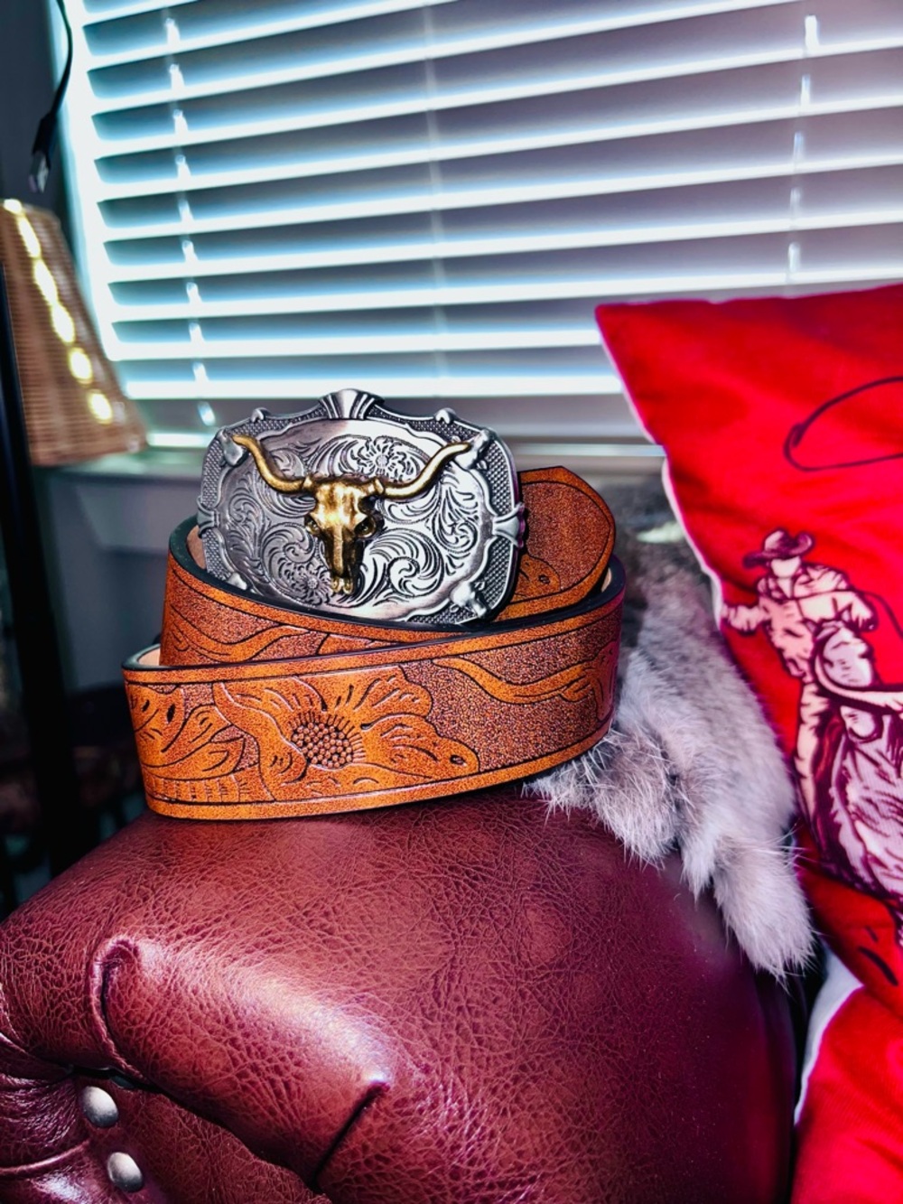 Brown Tooled Leather Belt with Bull Head Buckle